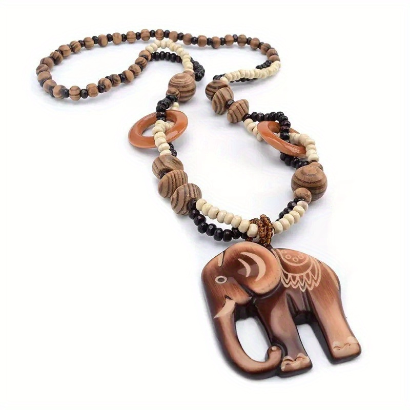 Vintage Beaded Pendant Elephant Charm Long Necklace